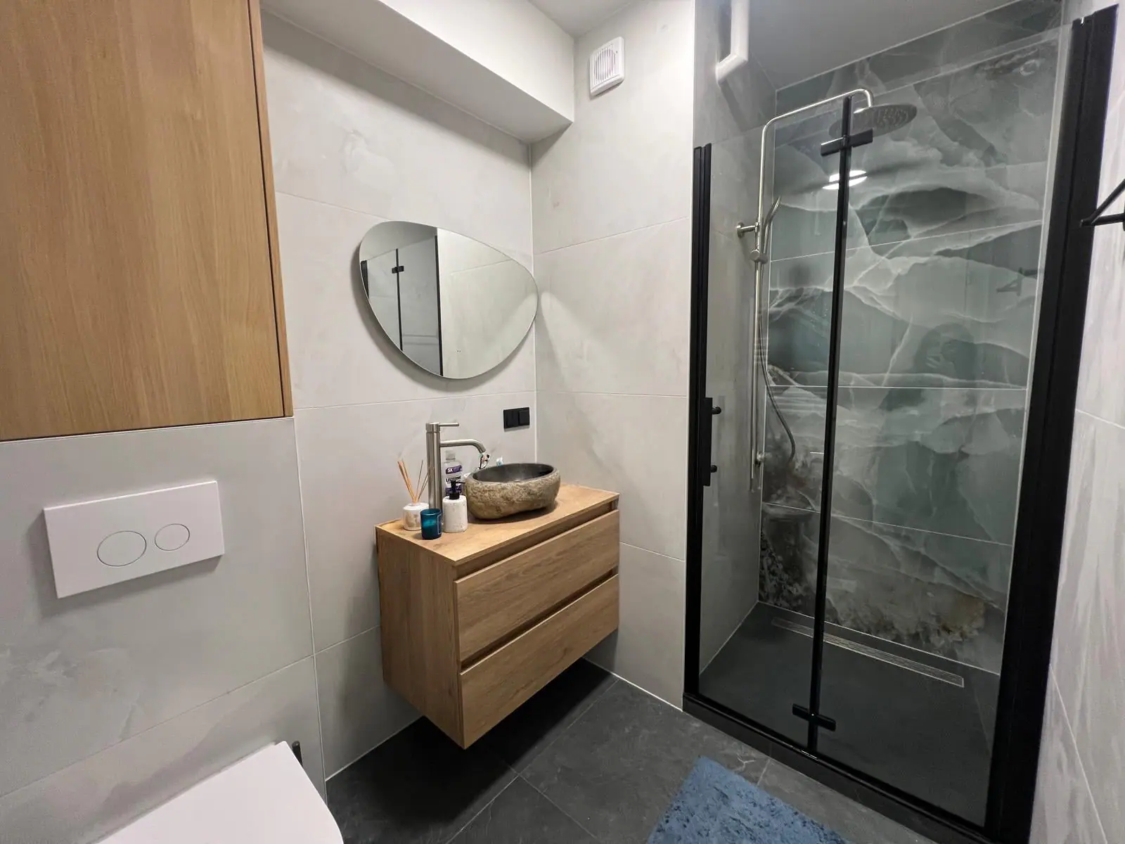 Overzicht met toilet, kastenwand en douche
