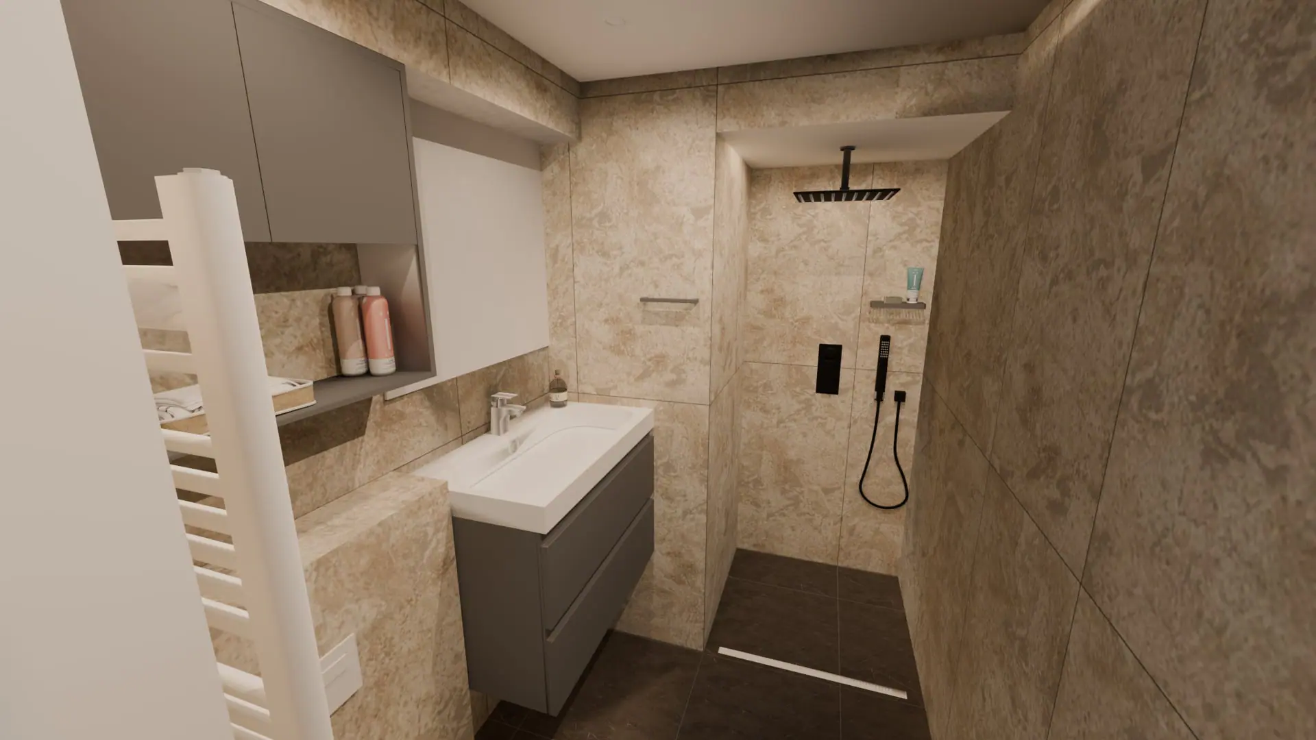 3D-ontwerp van een badkamer uit het ontwerp- & offertepakket