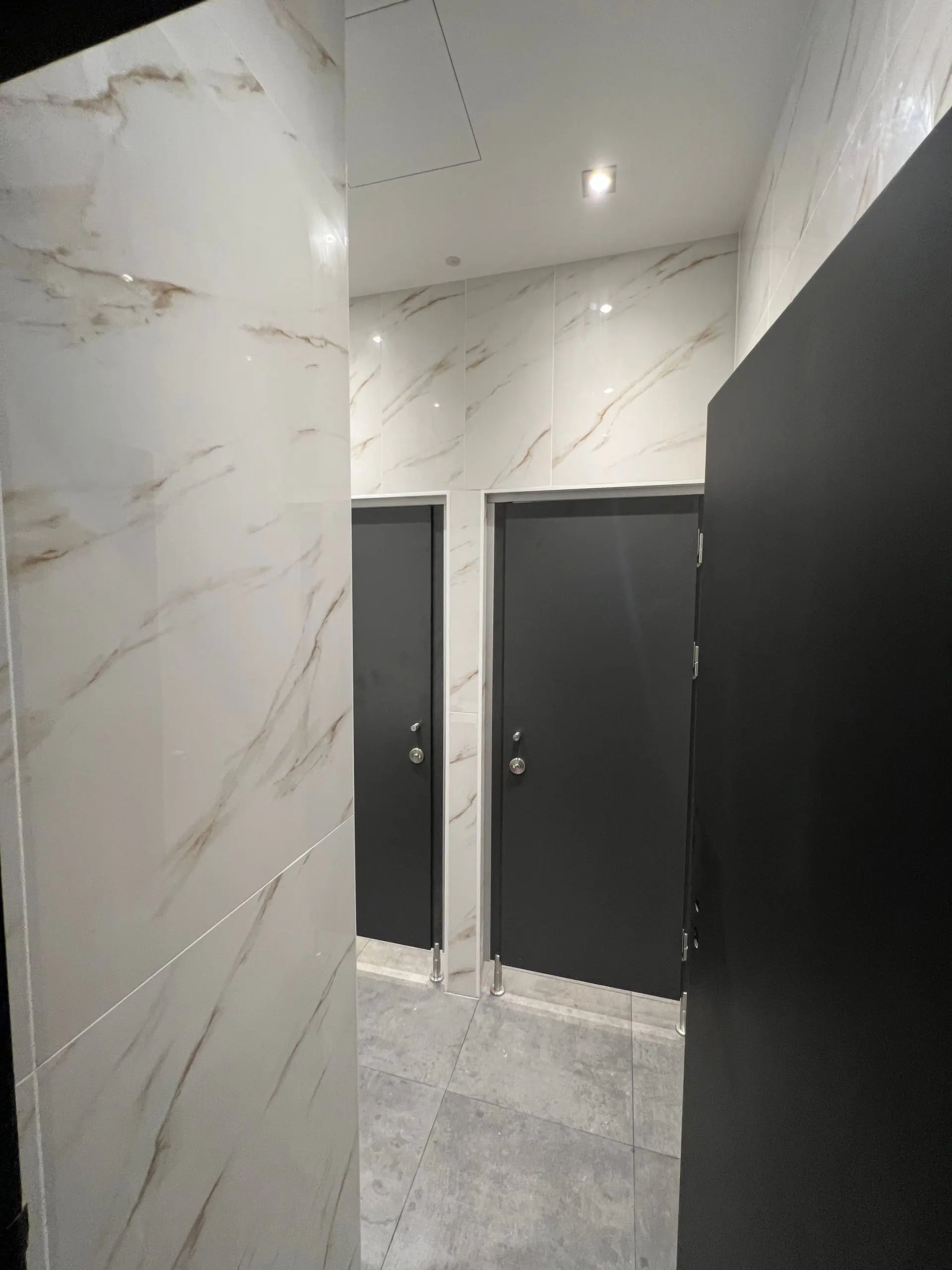 Gang met antracieten toiletdeuren en marmerlook wanden